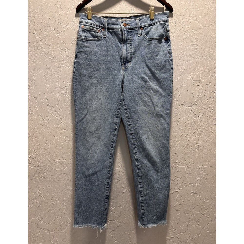 Madewell High Rise Slim Straight Jeans Light Wash Raw Hem Stretch Denim Size 29